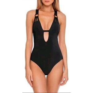 Becca by Rebecca Virtue Sz L Color Code Skylar Plunge One-Piece Swimsuit Black